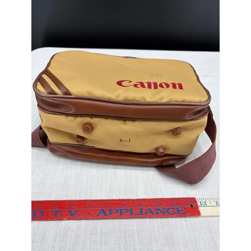 Canon Vintage Camera Bag Tan Brown Shoulder Strap Multi-Pocket Case